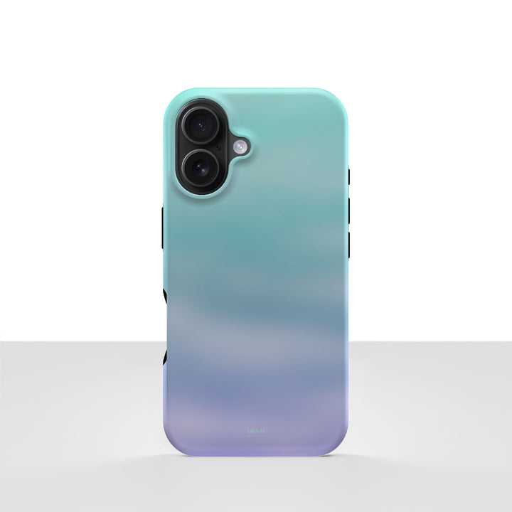 iPhone 16 deksel Himmeldis med blågrønn og lilla gradient på lys bakgrunn