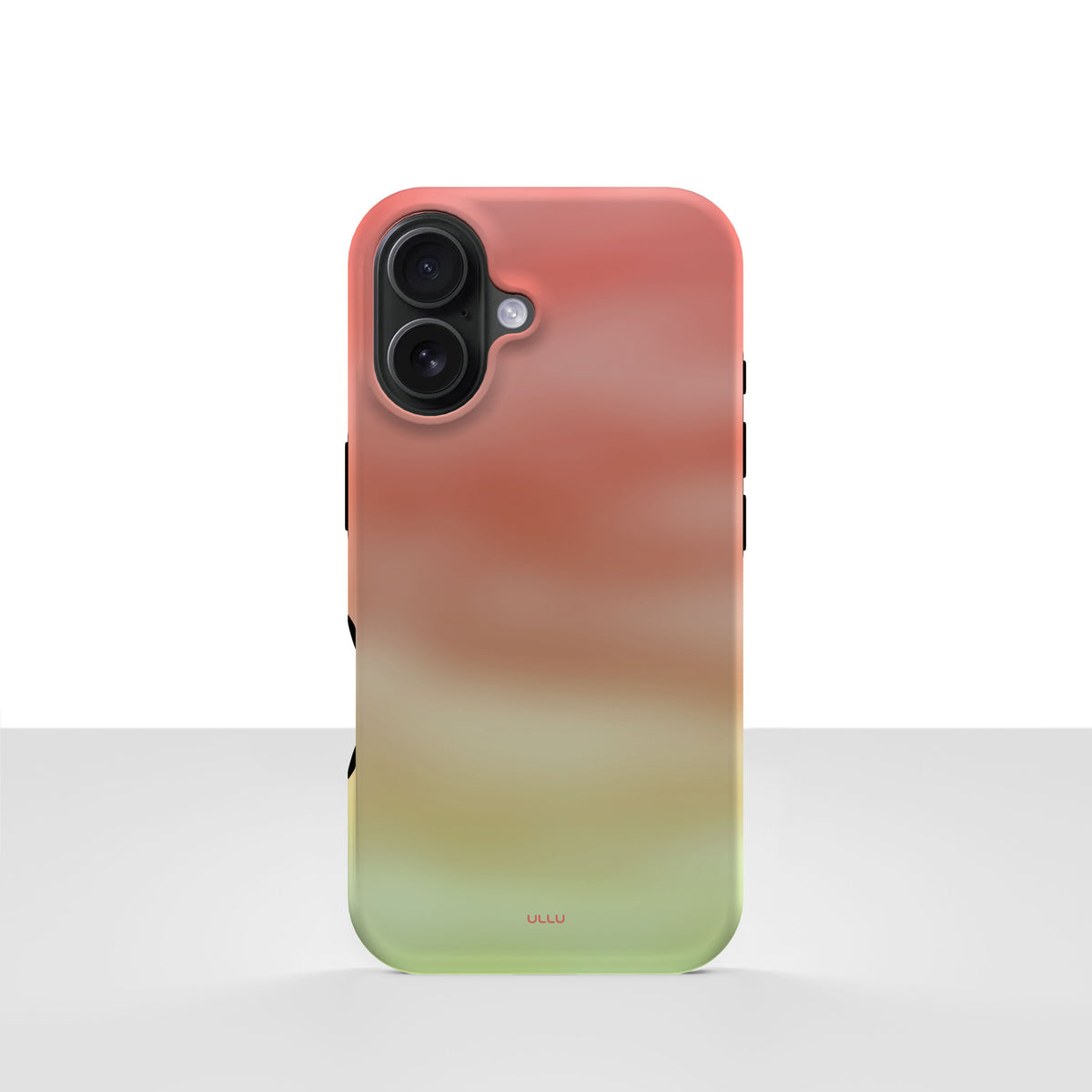 iPhone 16 deksel Koralldis med korallrosa, beige og grønn gradient på lys bakgrunn
