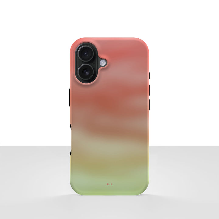 iPhone 16 deksel Koralldis med korallrosa, beige og grønn gradient på lys bakgrunn