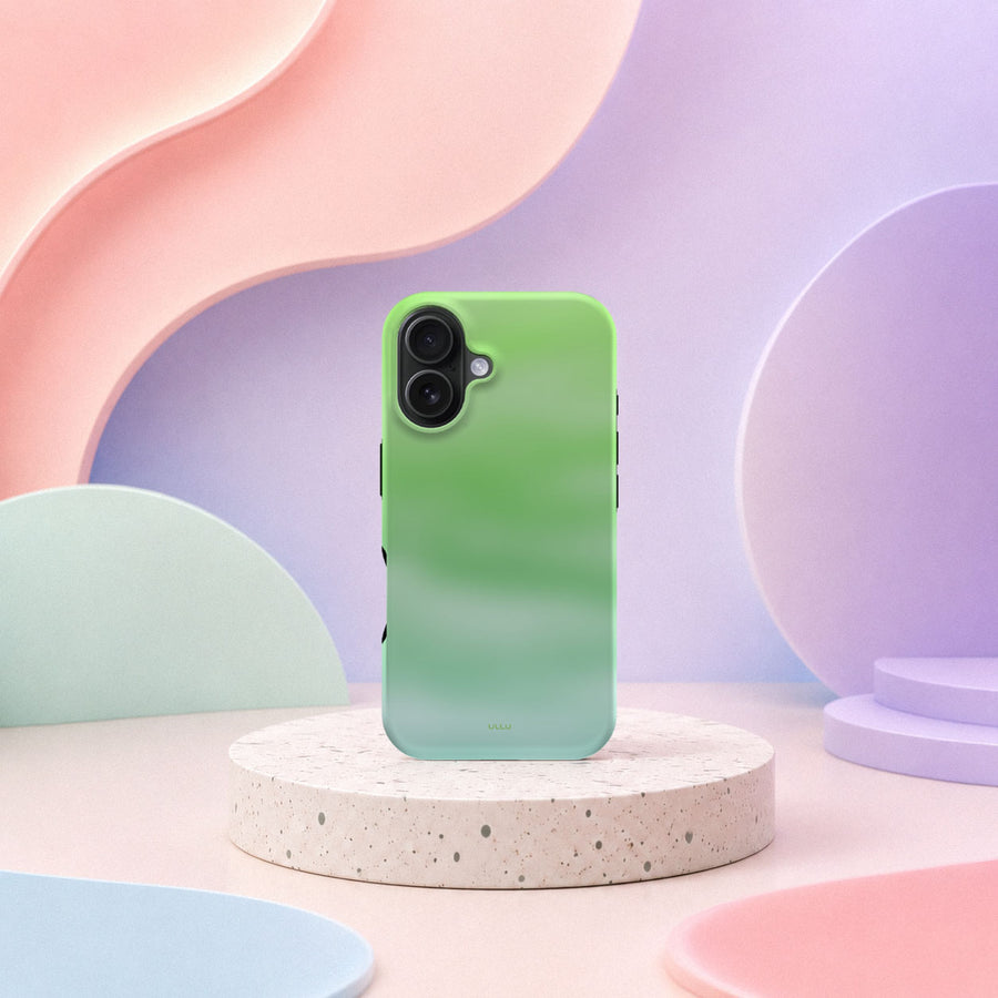 iPhone 16 deksel Myntedis med grønn og mintfarget gradient i mykt pastellinteriør