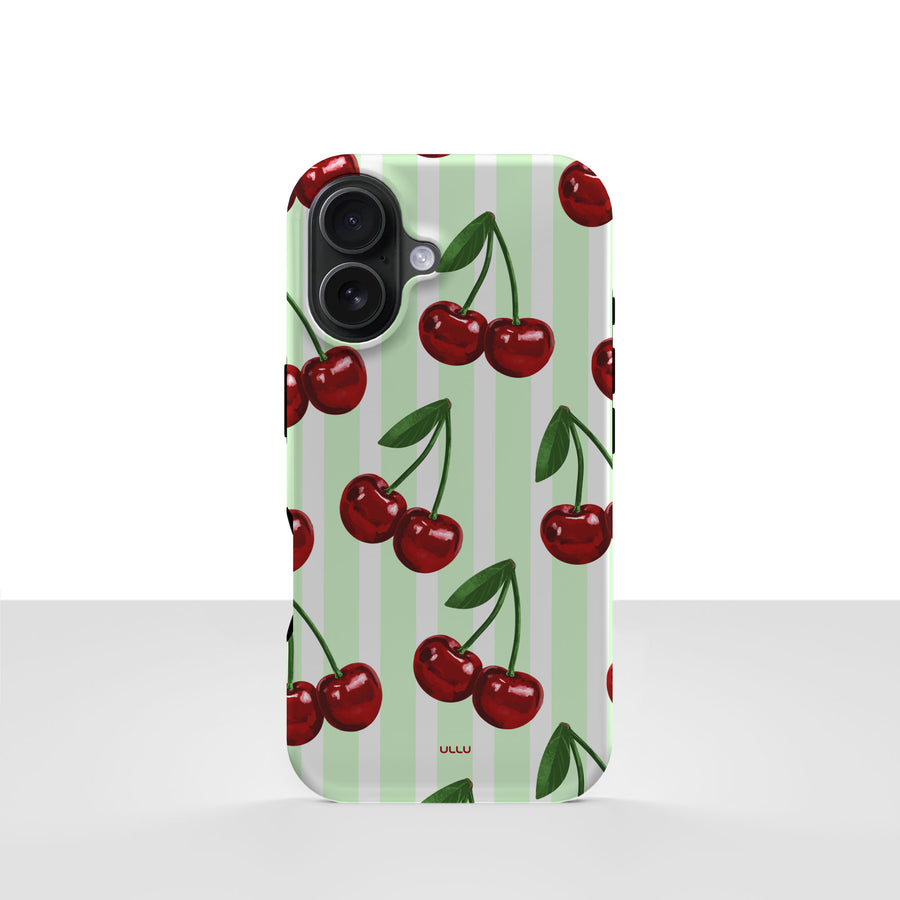 iPhone 16-deksel Minty Cherry med røde kirsebær og grønne stilker på lysegrønne striper, vist bakfra