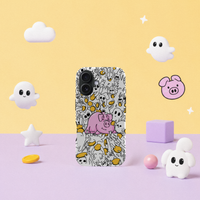 iPhone 16 deksel Sparegris i leken pastellscene med rosa gris, små spøkelser og gule mynter