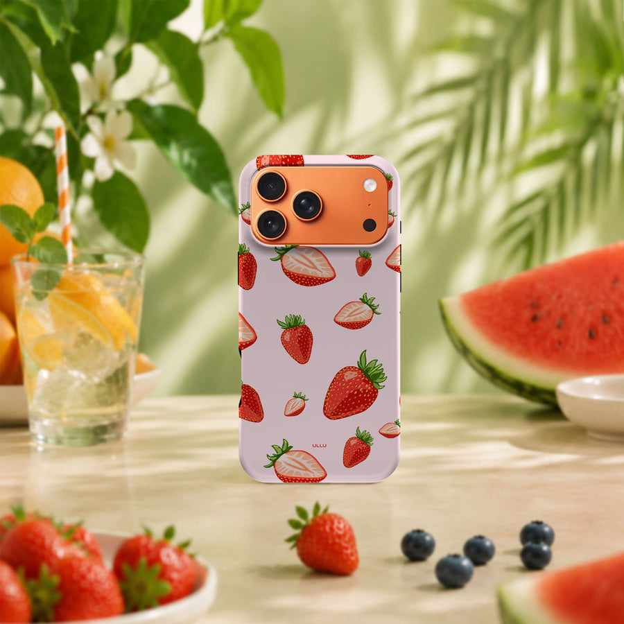 iPhone 17 Pro Max deksel Jordbær med røde jordbær i tropisk sommermiljø med frukt og grønne planter