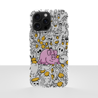 iPhone 17 Pro Max deksel Sparegris med rosa gris, små spøkelser og gule mynter på hvit bakgrunn
