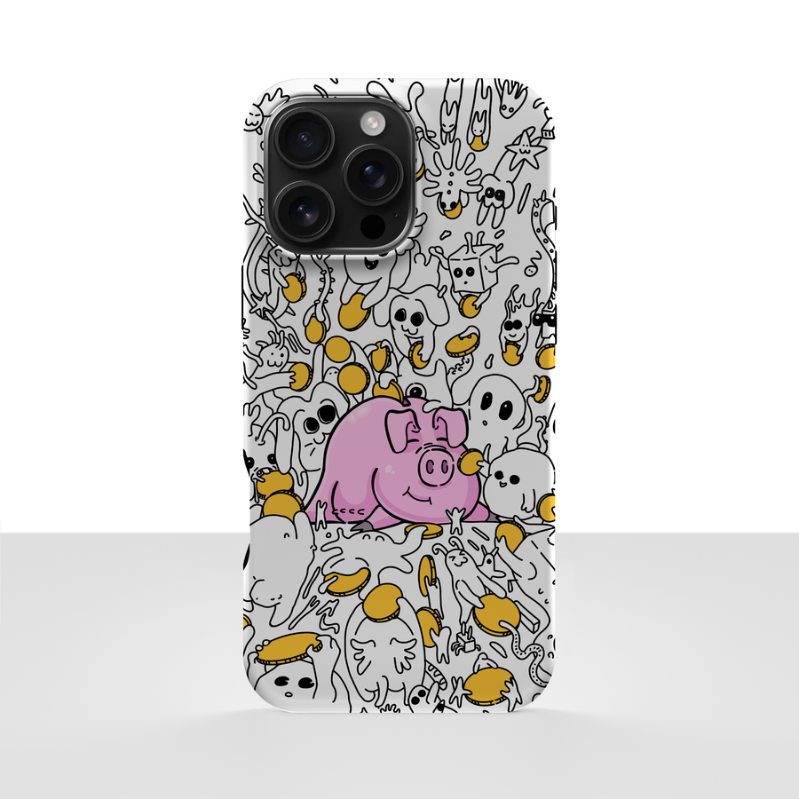 iPhone 17 Pro Max deksel Sparegris med rosa gris, små spøkelser og gule mynter på hvit bakgrunn