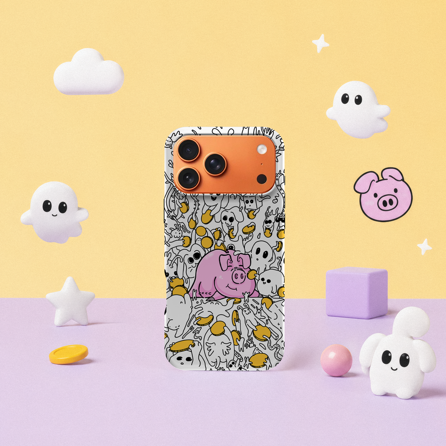 iPhone 17 Pro Max deksel Sparegris i leken pastellscene med rosa gris, små spøkelser og gule mynter