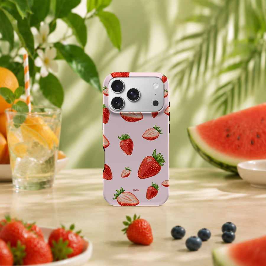 iPhone 17 Pro deksel Jordbær med røde jordbær i tropisk sommermiljø med frukt og grønne planter