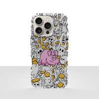 iPhone 17 Pro deksel Sparegris med rosa gris, små spøkelser og gule mynter på hvit bakgrunn