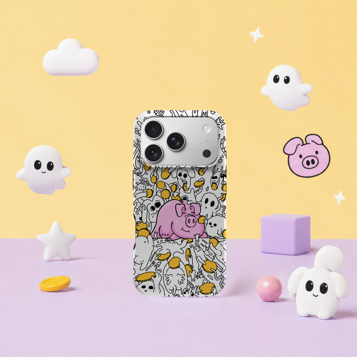 iPhone 17 Pro deksel Sparegris i leken pastellscene med rosa gris, små spøkelser og gule mynter