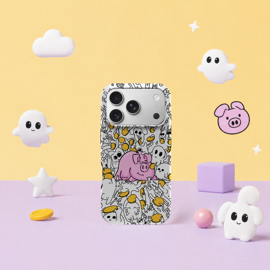 iPhone 17 Pro deksel Sparegris i leken pastellscene med rosa gris, små spøkelser og gule mynter