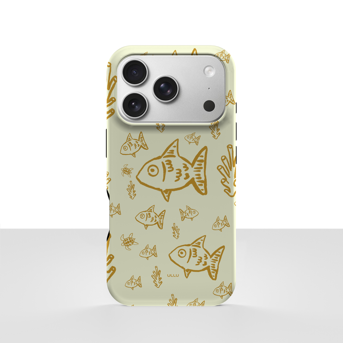 iPhone 17 Pro deksel Havdypet med gullfargede fisk og undervannsmotiver på kremhvit bakgrunn