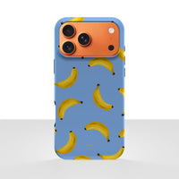 iPhone 17 Pro Max-deksel Bananorama med gule bananer på lyseblå bakgrunn, vist bakfra