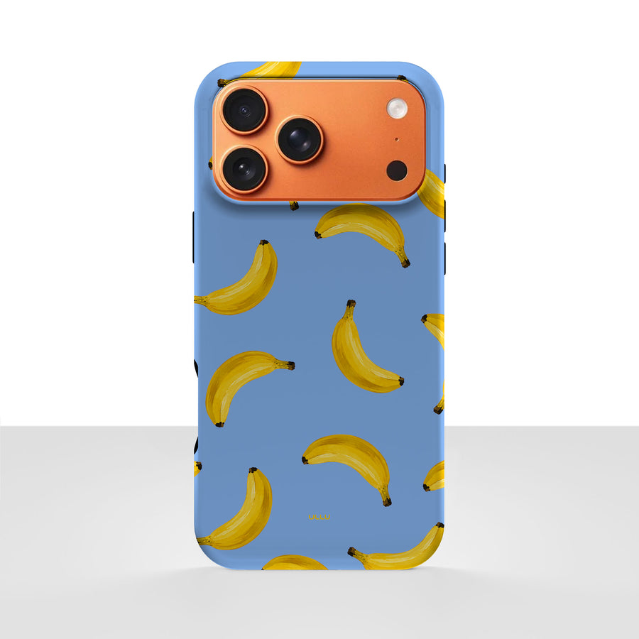 iPhone 17 Pro Max-deksel Bananorama med gule bananer på lyseblå bakgrunn, vist bakfra