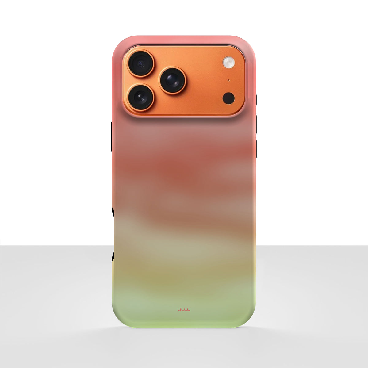 iPhone 17 Pro Max deksel Koralldis med korallrosa, beige og grønn gradient på lys bakgrunn