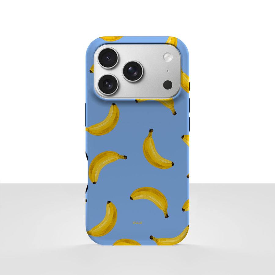 iPhone 17 Pro-deksel Bananorama med gule bananer på lyseblå bakgrunn, vist bakfra