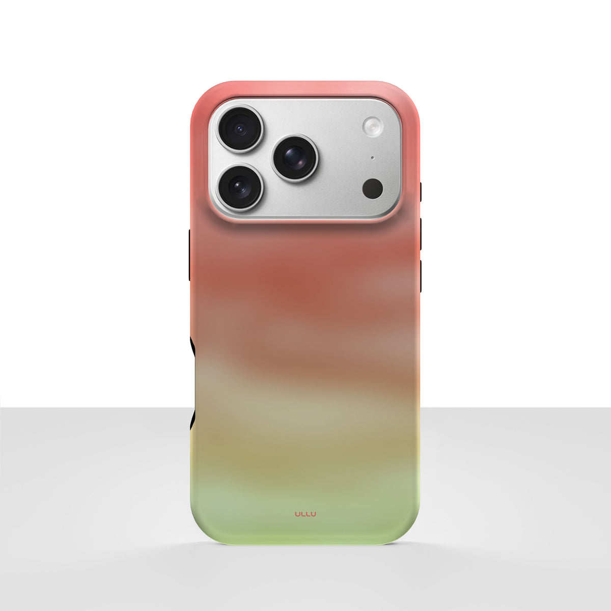 iPhone 17 Pro deksel Koralldis med korallrosa, beige og grønn gradient på lys bakgrunn