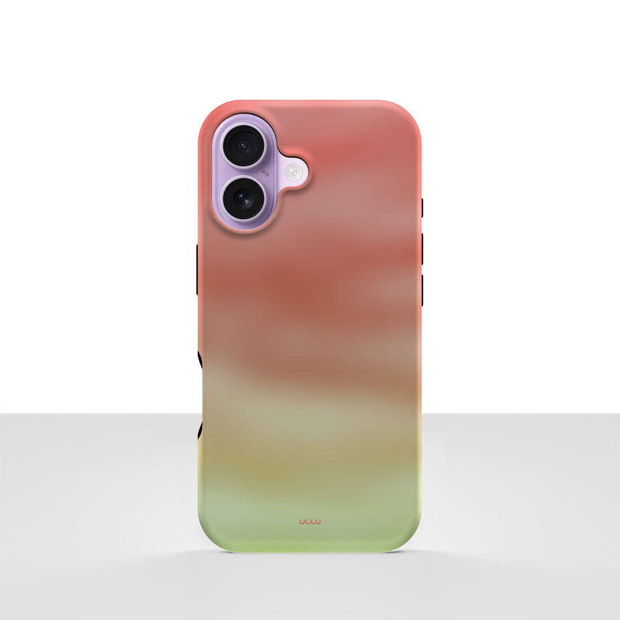 iPhone 17 deksel Koralldis med korallrosa, beige og grønn gradient på lys bakgrunn