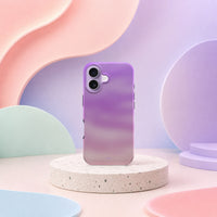 iPhone 17 deksel Lilladis med lilla og rosa gradient i mykt pastellinteriør
