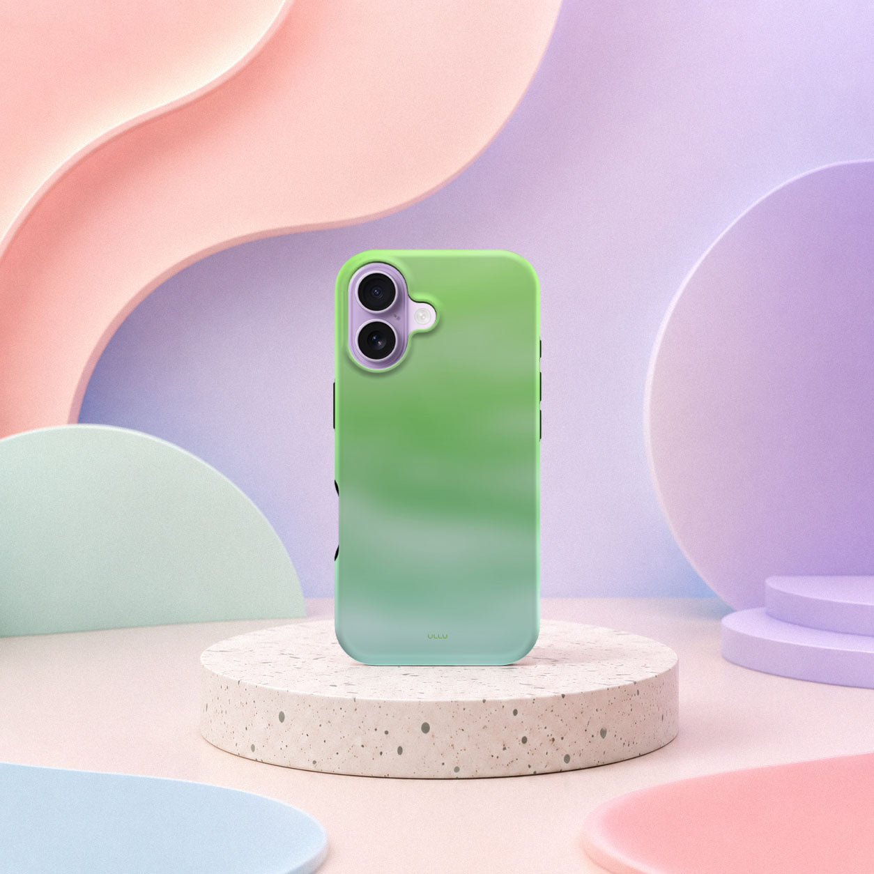 iPhone 17 deksel Myntedis med grønn og mintfarget gradient i mykt pastellinteriør