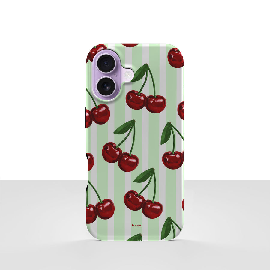 iPhone 17-deksel Minty Cherry med røde kirsebær og grønne stilker på lysegrønne striper, vist bakfra
