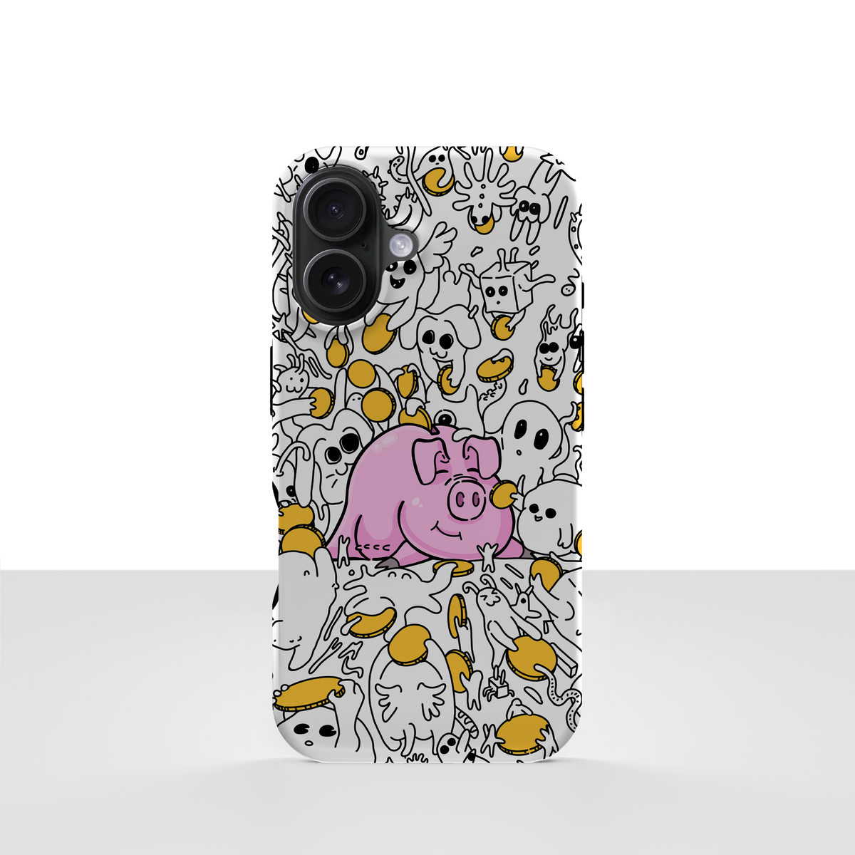 iPhone 17 deksel Sparegris med rosa gris, små spøkelser og gule mynter på hvit bakgrunn