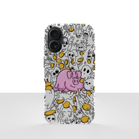 iPhone 17 deksel Sparegris med rosa gris, små spøkelser og gule mynter på hvit bakgrunn