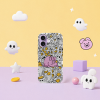 iPhone 17 deksel Sparegris i leken pastellscene med rosa gris, små spøkelser og gule mynter